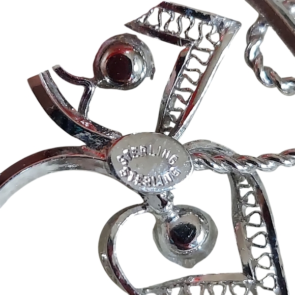 Vintage Sterling Silver Aurora Borealis Filigree Heart Brooch Pin - Picture 4 of 12